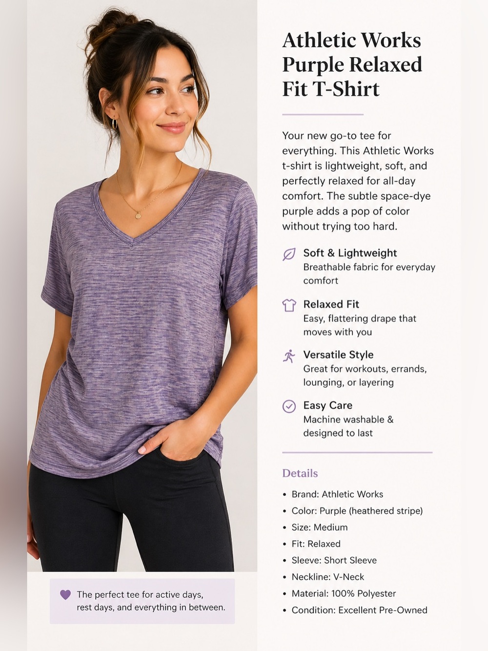 Athletic Works Purple Relaxed Fit T-Shirt | Soft Everyday Tee | Size M